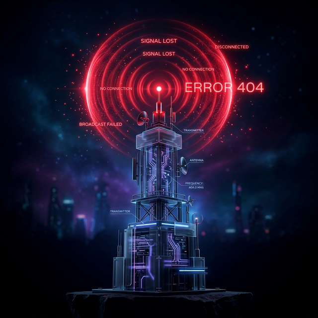 A futuristic radio communications tower emitting a red signal lost pulse